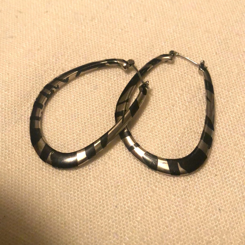 Black and silver zebra hoop earrings